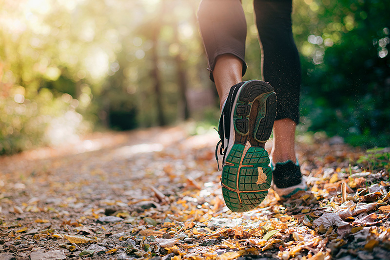 Close up of the feet of a person running a trail through the woods